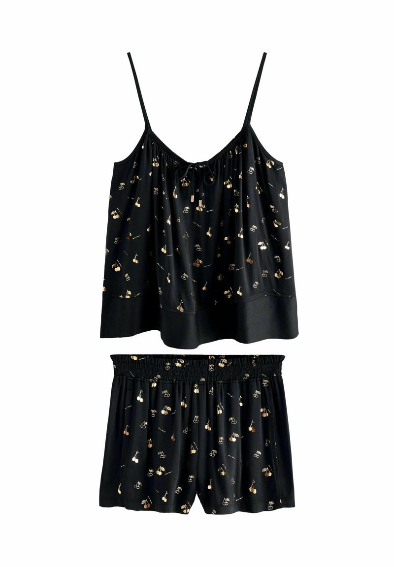 Svart sovset med en lös camisole och shorts, båda med ett gyllene mönster av små föremål. Silkeslen textur med justerbara remmar.