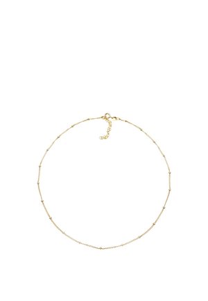 Collier chaîne fine en or avec de petites perles espacées régulièrement et un fermoir mousqueton avec une rallonge de longueur réglable.