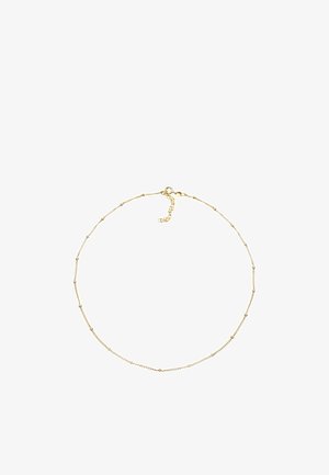 Dünne Goldkette mit kleinen, gleichmäßig verteilten Perlen und einem Karabinerverschluss mit verstellbarem Verlängerungsstück.