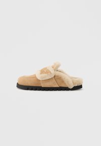 Pantofole in suede beige con una soffice fodera in pelliccia e suola nera in gomma. Presentano un design slip-on e dettagli decorativi con cuciture.