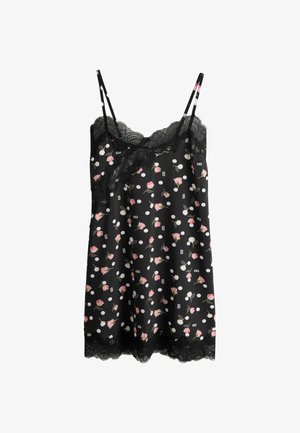 Schwarzes Satinkleid mit pinkem Rosen- und weißem Polka-Dot-Muster, schwarzer Spitzenverzierung am Ausschnitt und Saum sowie dünnen verstellbaren Schulterträgern.