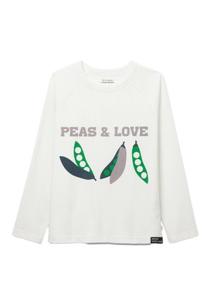 Chemise blanche à manches longues avec le texte "PEAS & LOVE" et quatre illustrations de cosses de pois en vert et gris sur le devant.