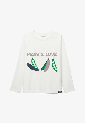 Chemise blanche à manches longues avec le texte "PEAS & LOVE" et quatre illustrations de cosses de pois en vert et gris sur le devant.