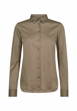 Olijfgroene, lange mouwen shirt van gladde stof met een knoopsluiting aan de voorkant, een puntige kraag en manchetten met een subtiele glans.