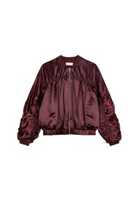 Bordo satino bomberis su užtrauktuku priekyje, pūstomis rankovėmis, surinktomis detalėmis siūlėse ir raukiniais ant apykaklės bei rankogalių.