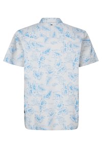 Camicia a maniche corte in tessuto bianco con motivo floreale e foglie blu, dotata di colletto classico e orlo dritto nella parte inferiore.