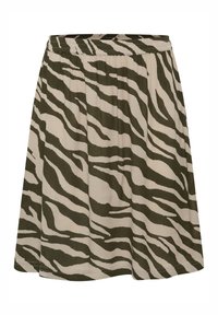 Jupon en tissu imprimé zèbre en olive et beige, présentant une taille élastique et une coupe fluide. Le design comprend des rayures audacieuses et contrastées.