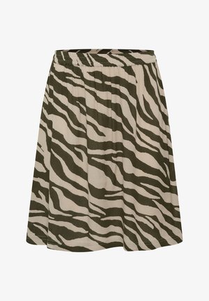 Zebras raksta svārki olīvu un bēša audumā, ar elastīgu jostasvietu un plūstošu formu. Dizainā iekļauti uzkrītoši, kontrastējoši svītri.