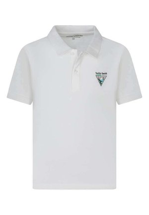 Polo blanc à manches courtes avec col et poignets côtelés, patte de boutonnage à deux boutons, et petit logo triangulaire avec le texte "Teddy Smith" sur le côté gauche de la poitrine.