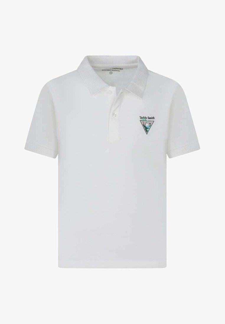 Polo blanc à manches courtes avec col et poignets côtelés, patte de boutonnage à deux boutons, et petit logo triangulaire avec le texte "Teddy Smith" sur le côté gauche de la poitrine.