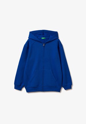 Blauwe zip-up hoodie van zachte fleece stof, met een grote capuchon, kangaroozakken en geribde manchetten. Glad textuur zonder patronen.