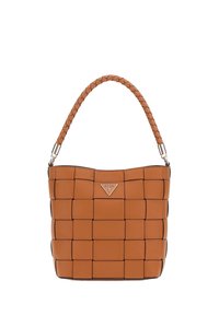 Borsa a tracolla in pelle intrecciata marrone con parte superiore curva, manico intrecciato e accento di logo triangolare. Texture liscia con blocchi prominenti.