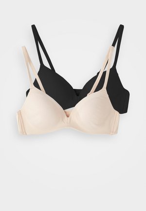 Două sutiene: unul negru și unul nud. Ambele au un material neted, suport cu sârmă și bretele ajustabile. Design clasic cu decolteu adânc și cupe fără cusături.