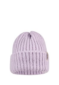 Lilac knitted beanie with ribbed texture, featuring a folded cuff and a small leather accent tag on the side. Soft and warm appearance.
