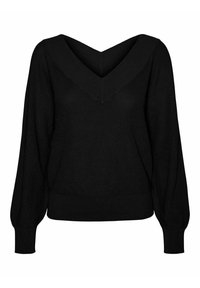 Maglione nero in maglia con scollatura a V, maniche lunghe a sbuffo e orlo aderente. Realizzato in materiale morbido con una finitura testurizzata.