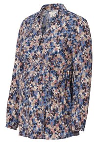 Blouse de maternité à motif floral dans des tons bleus, marron et beige. Comprend une patte de boutonnage devant, un col et un lien à la taille. Manches longues.
