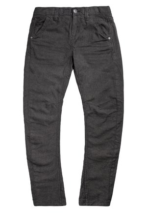 Ciemnoszare spodnie wykonane z teksturowanej tkaniny, z suwakiem z przodu, dwoma przednimi kieszeniami z metalicznymi akcentami oraz dopasowanym fasonem typu slim fit.