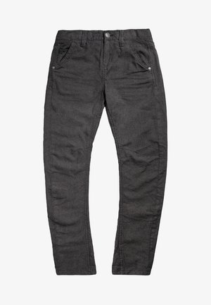 Mørkegrå bukser lavet af struktureret stof, med lynlåslukning, to frontlommer med metalliske detaljer og et slim-fit design.