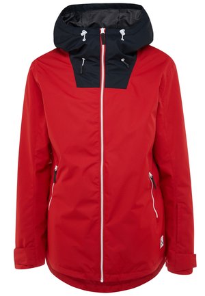 Rote wasserdichte Jacke mit schwarzer Kapuze, weißem Frontreißverschluss, zwei seitlichen Reißverschlusstaschen und verstellbaren Handgelenkbündchen.