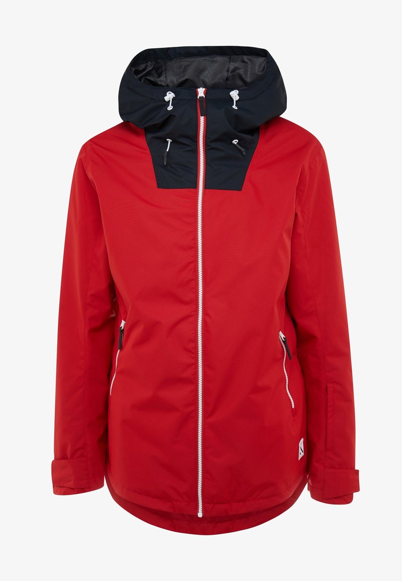 Veste imperméable rouge avec capuche noire, fermeture éclair blanche à l'avant, deux poches latérales zippées et poignets réglables.
