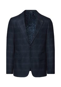 Granatowa marynarka w kratkę z mieszanki wełny, z wyłogami, dwoma przednimi kieszeniami i wzorzystą podszewką z małymi kółkami.