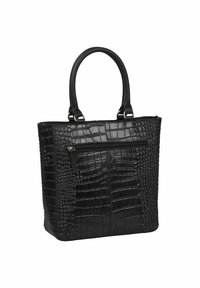 Bolso tote negro con estampado de cocodrilo, asas de cuero liso, bolsillo con cremallera vertical en el frente, forma rectangular y superficie texturizada.