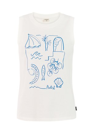 Witte mouwloze tanktop met blauwe grafische illustraties van strandelementen, vissen en een schelp. Gemaakt van katoen met een gladde textuur.
