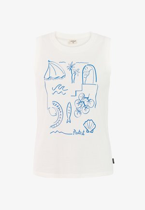 Witte mouwloze tanktop met blauwe grafische illustraties van strandelementen, vissen en een schelp. Gemaakt van katoen met een gladde textuur.