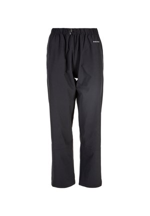 Mustat, kevyet ulkoiluhousut, joissa on joustava vyötärönauha, vetoketjullinen tasku ja suoralahkeinen malli. Sileä pinta, ei näkyviä kuvioita.