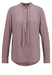 Langarmbluse aus leichtem Mauve-Stoff mit einem hohen Kragen und Bindeband, mittigem Nahtdetail und abgerundetem Saum.