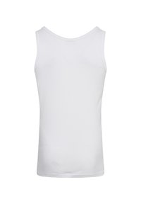 White sleeveless tank top made of smooth cotton-blend fabric. Features a round neckline and simple design, without patterns or embellishments.