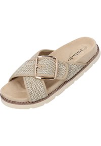 Infradito beige con fasce incrociate e texture intrecciata, dotate di una grande fibbia metallica e di una soletta imbottita, montate su una suola di colore chiaro.