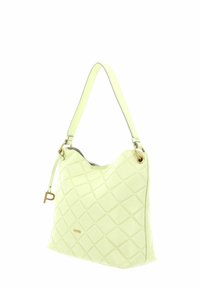 Quilted light yellow handbag with a single strap, gold hardware accents, and a side logo tag. Smooth leather texture, rounded shape.