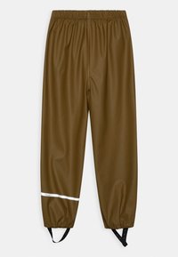 Pantaloni impermeabili marroni con vita elastica, gamba dritta, striscia riflettente bianca e cinghie alla caviglia regolabili. Tessuto liscio.