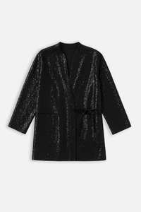 Zwarte lange mouwen jas met paillettenstructuur, open voorkant, zonder kraag, twee zakken en een ceintuur om te sluiten.