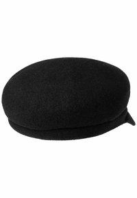 Zwarte wollen baret met een ronde, platte vorm en een slanke, opgevouwen rand. Heeft een zachte textuur en een naadloos ontwerp voor een klassieke uitstraling.