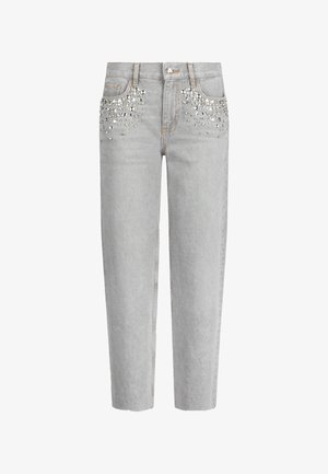 Light grey jeans with a straight cut, featuring rhinestone embellishments on the front pockets and classic five-pocket design.
