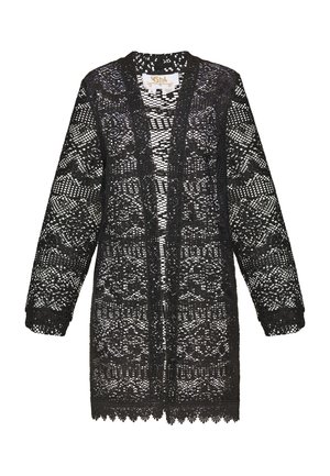 Černý krajkový cardigan s otevřeným vzorem, dlouhými rukávy a vlnitým lemem. Lehký materiál s propracovanými květinovými vzory.