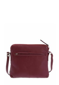 Sac en cuir bordeaux à bandoulière avec un compartiment principal zippé, une poche avant et une sangle ajustable. Texture lisse avec des coutures minimales.