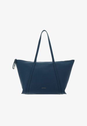 Sac cabas en cuir bleu marine avec longues poignées, fermeture éclair et logo "Coccinelle" doré discret au centre avant.