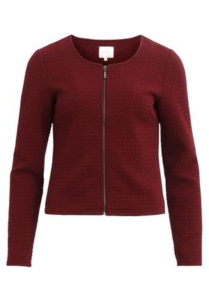 Vinrød langærmet tekstureret jakke med rund halsudskæring og frontlynlås i sølv.