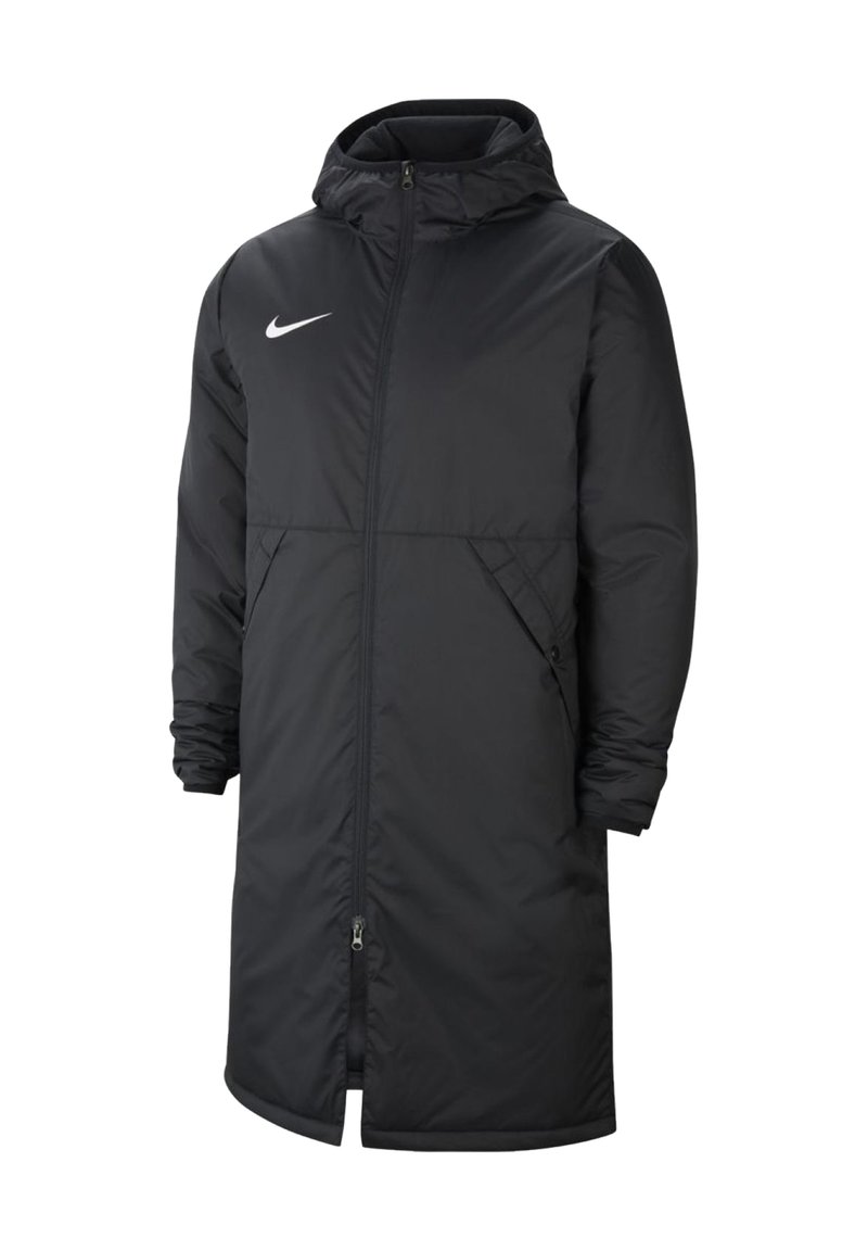 Schwarzer, gepolsterter Parka-Mantel mit Reißverschluss, verstellbare Kapuze, Seitentaschen und einem weißen Nike-Logo auf der linken Brust.