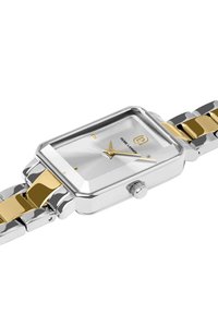 Orologio rettangolare in acciaio inox argentato con un bracciale metallico oro e argento. Presenta un quadrante bianco e argento con lancette e dettagli dorati.