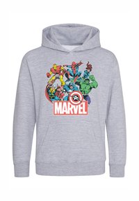 Felpa grigia con cappuccio che presenta una grafica Marvel con supereroi. Materiale morbido, tasca frontale e polsini a coste. Colori vivaci nella stampa.