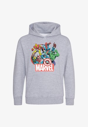 Grijze pullover hoodie met een Marvel-afbeelding van superhelden. Zacht materiaal, voorzak en ribgebreide manchetten. Heldere kleuren in de print.