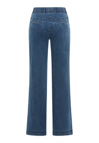 Højttaljede, brede jeans lavet af medium vægt denim i en mørkeblå vask. Har to baglommer og forstærket syning ved kant.