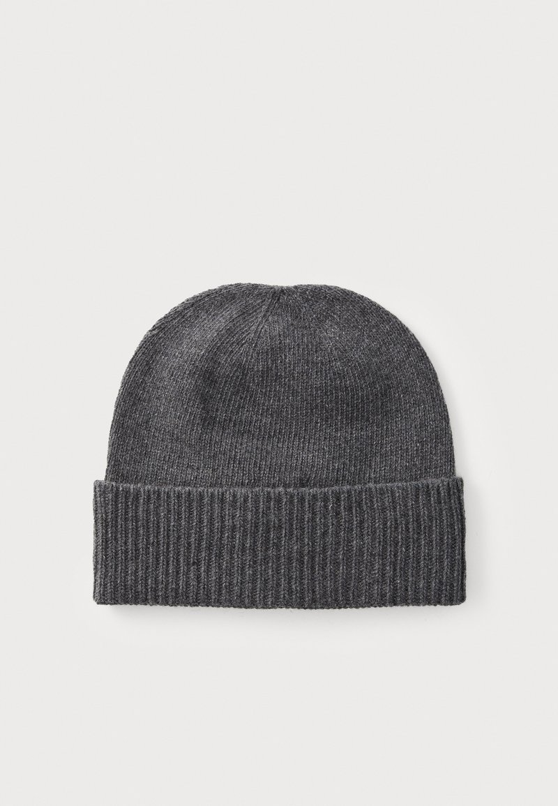 Gray knit beanie with a soft texture, featuring a ribbed cuff. The top has a rounded shape, suitable for casual wear in colder weather.