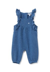 Blauwe gebreide romper met ruches op de schouderbanden, een ronde halslijn en een klein hartdetail op de borst. Zachte textuur en elastische manchetten.