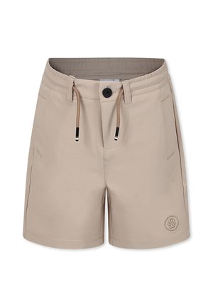 Pantaloni da bagno beige realizzati in tessuto leggero, con cinturino elastico, cordoncino, tasche laterali e un logo sulla parte anteriore bassa.
