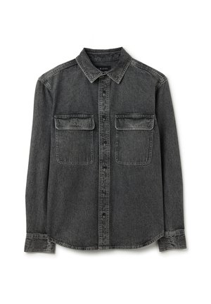 Dunkelgraues Denim-Shirt mit klassischem Kragen, vorderem Knopfverschluss und zwei Brusttaschen. Verfügt über lange Ärmel und einen geraden Saum.
